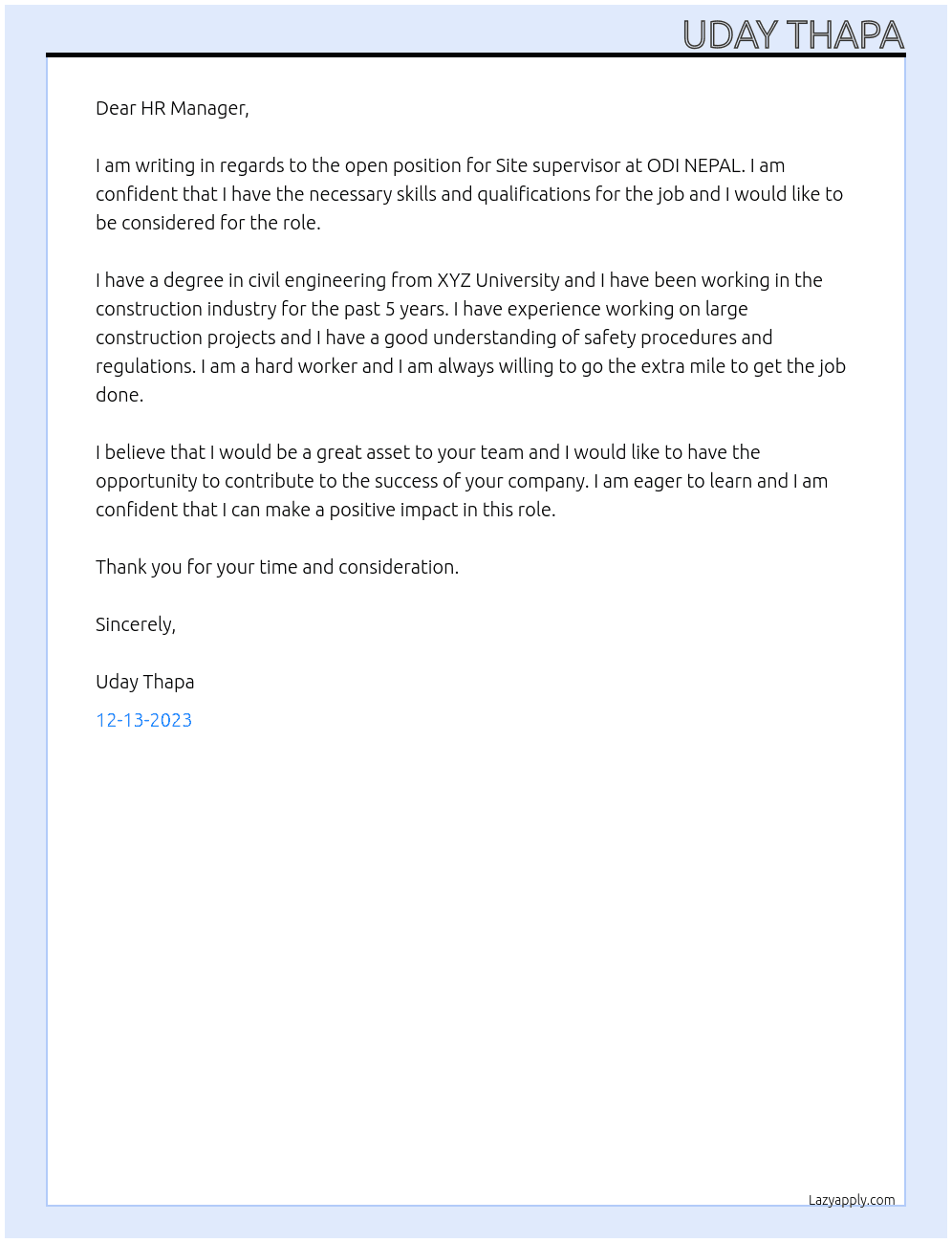 Site supervisor  At ODI NEPAL Cover Letter
