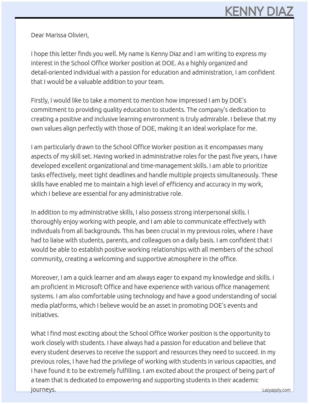 school office worker At DOE Cover Letter
