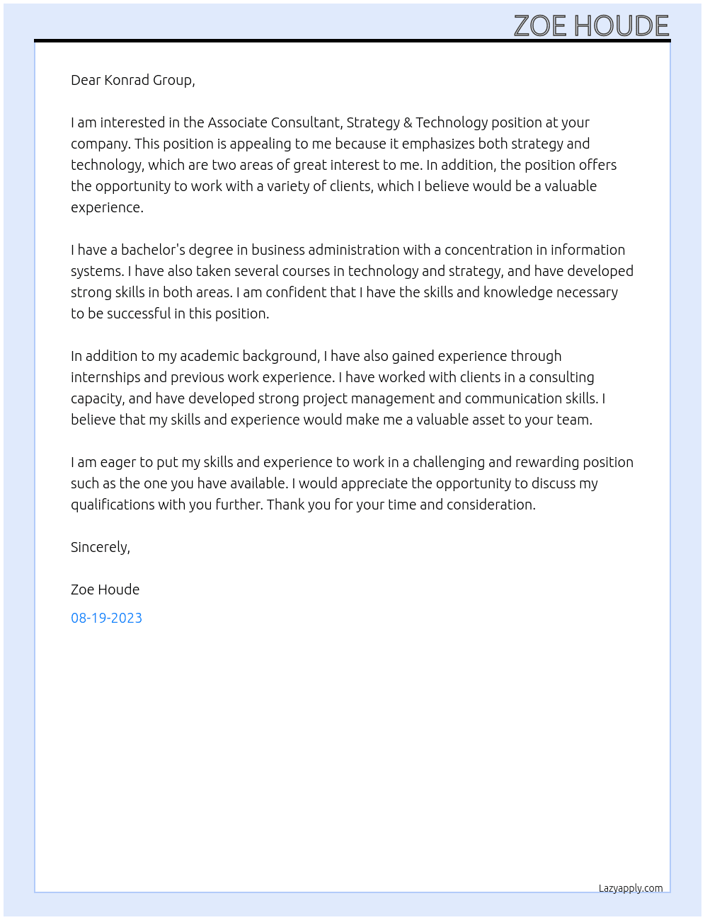 Associate Consultant, Strategy & Technology At Konrad Group Cover Letter
