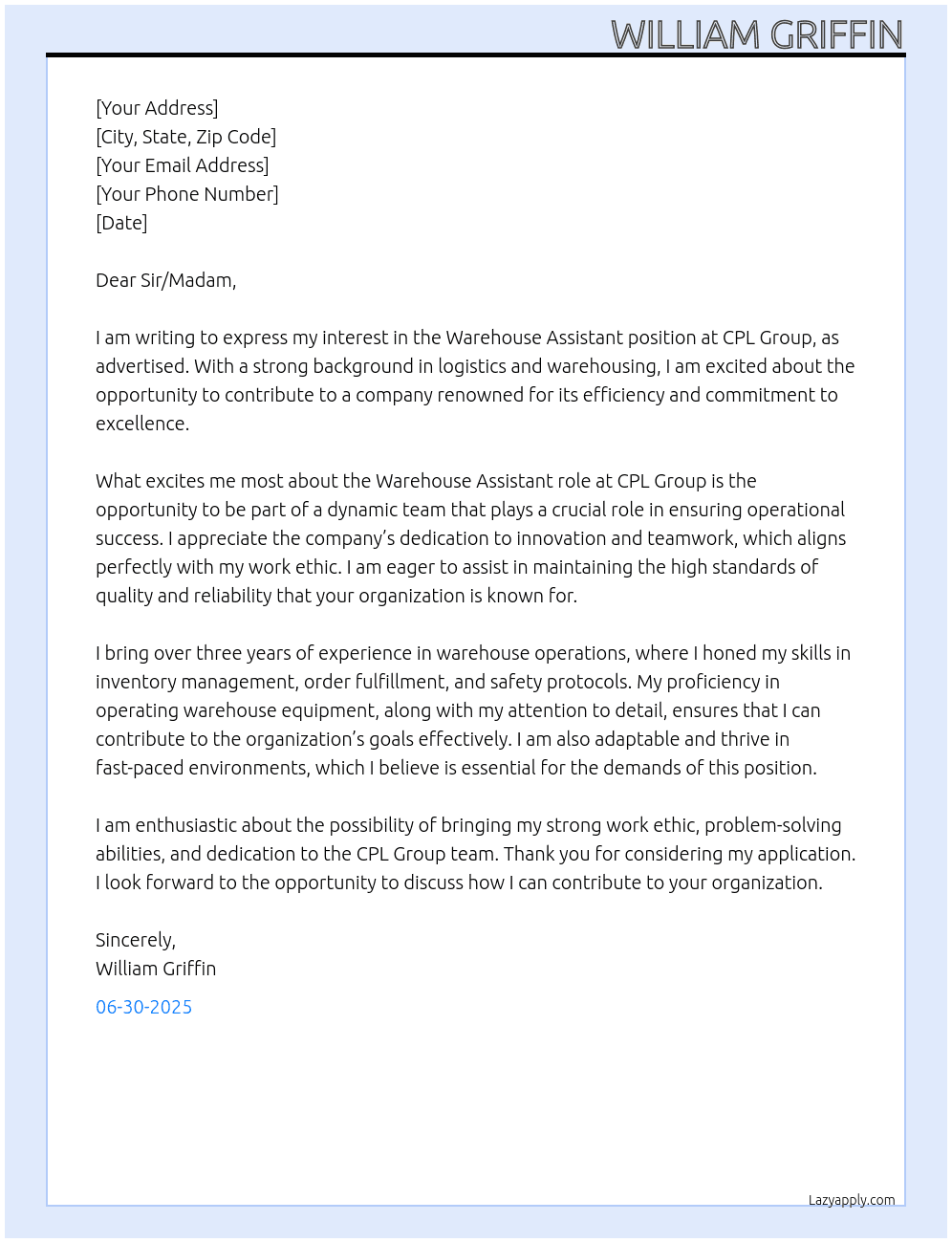 Wear house assistance  At CPL Group Cover Letter
