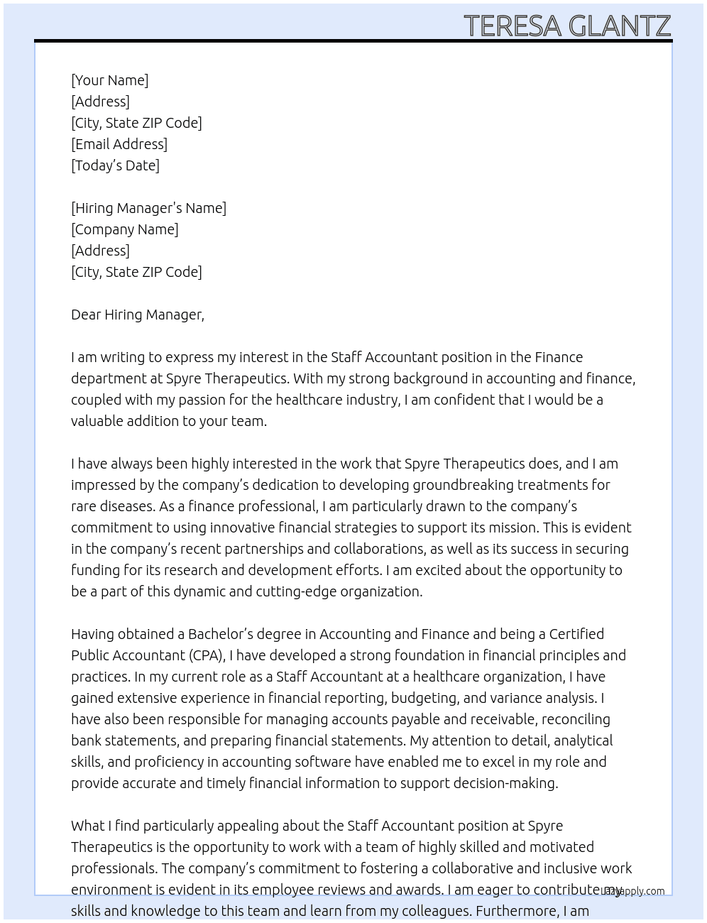 Staff Accountant, Finance At Spyre Therapeutics &nbsp; Cover Letter