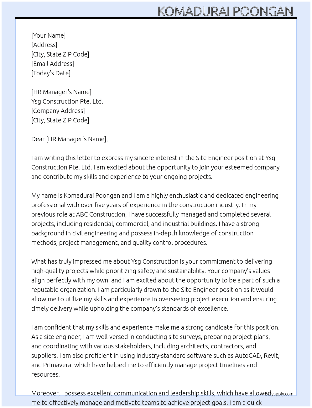 site engineer  At Ysg Construction Pte. Ltd. Cover Letter