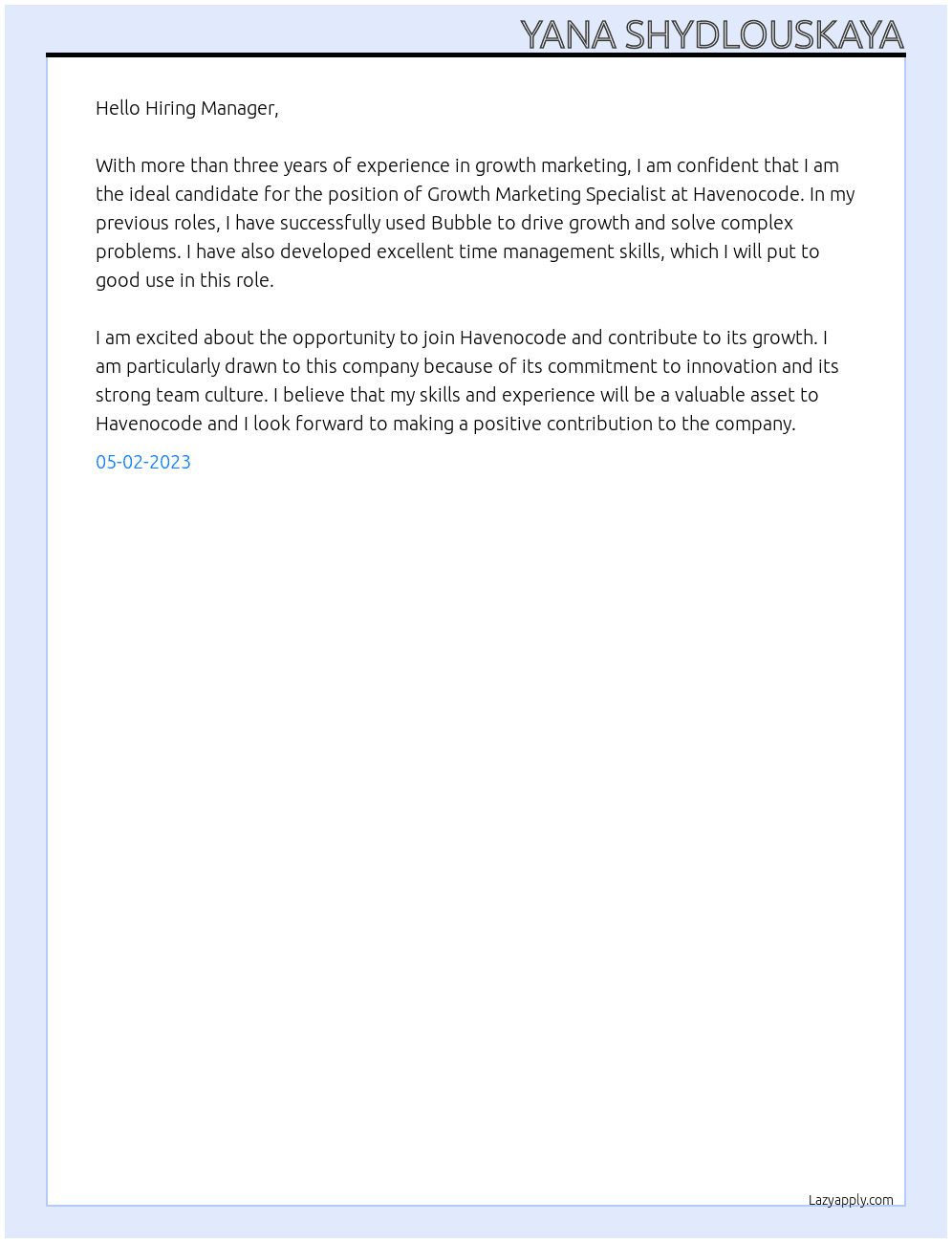 Growth Marketing Specialist At havenocode Cover Letter
