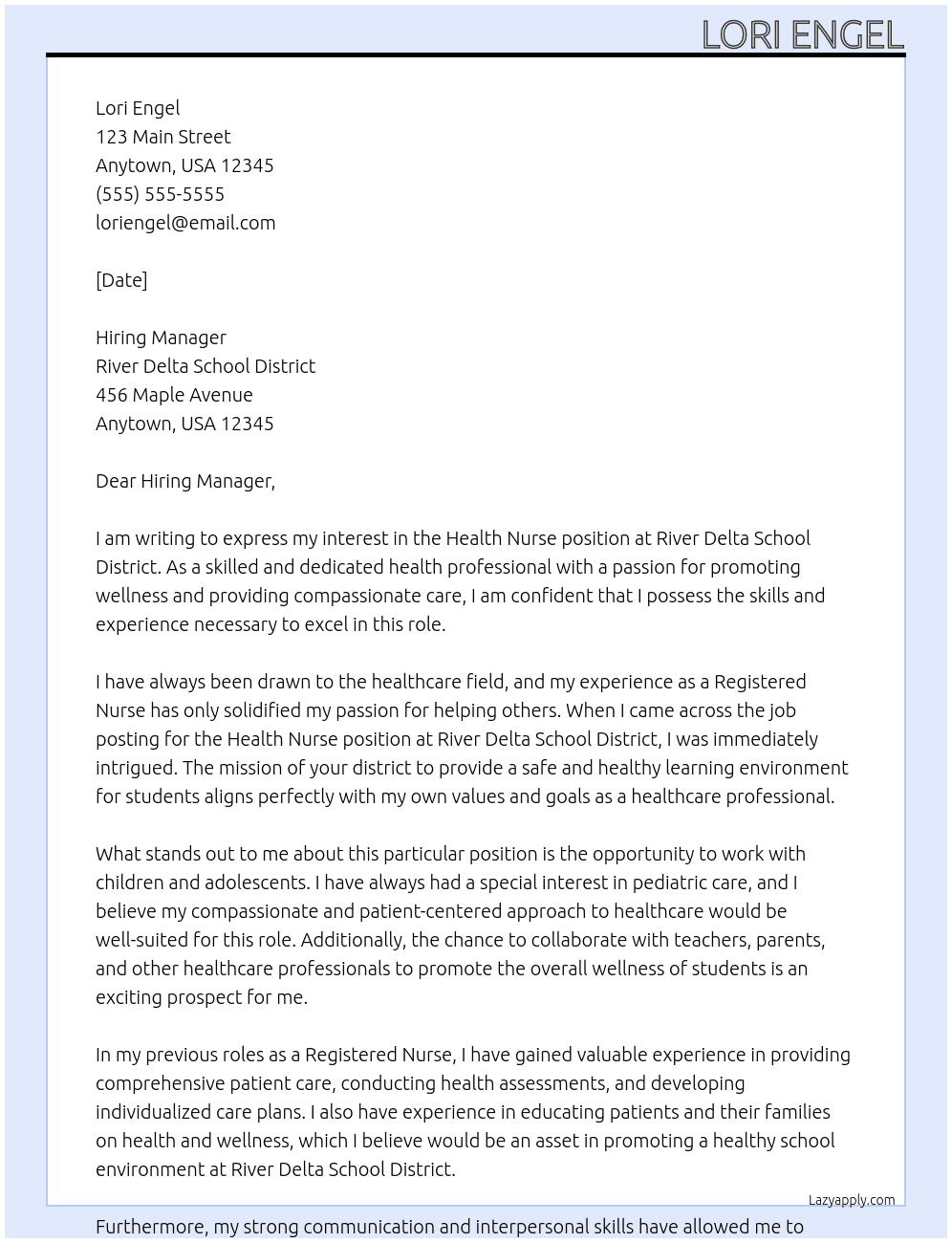 health nurse At River Delta School District Cover Letter
