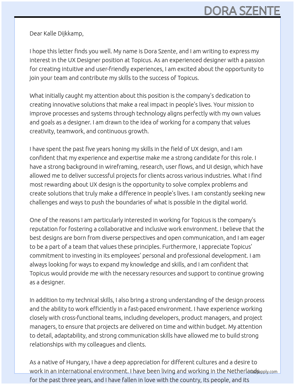 ux designer At Topicus Cover Letter
