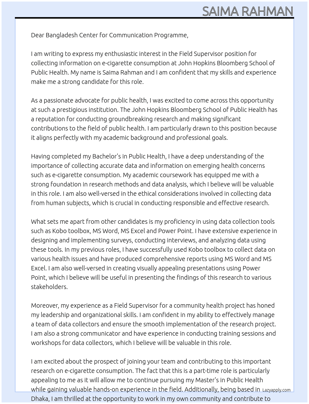 Field Supervisor for collecting information on e-cigarette consumption  At John Hopkins Bloomberg School of Public Health  Cover Letter