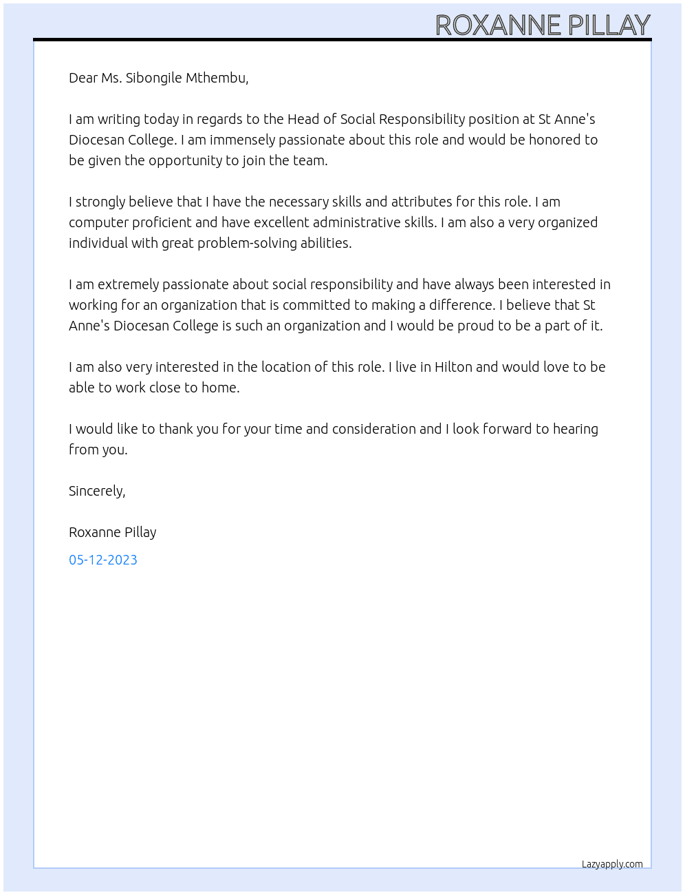 Head of Social Responsibility At St Anne's Diocesan College Cover Letter