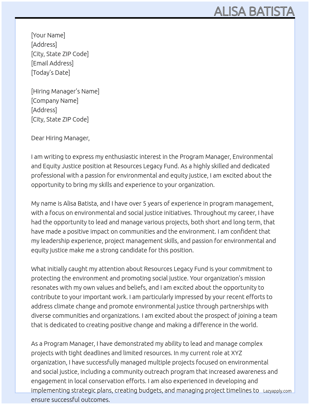Program Manager, Environmental and Equity Justice At Resources Legacy Fund Cover Letter