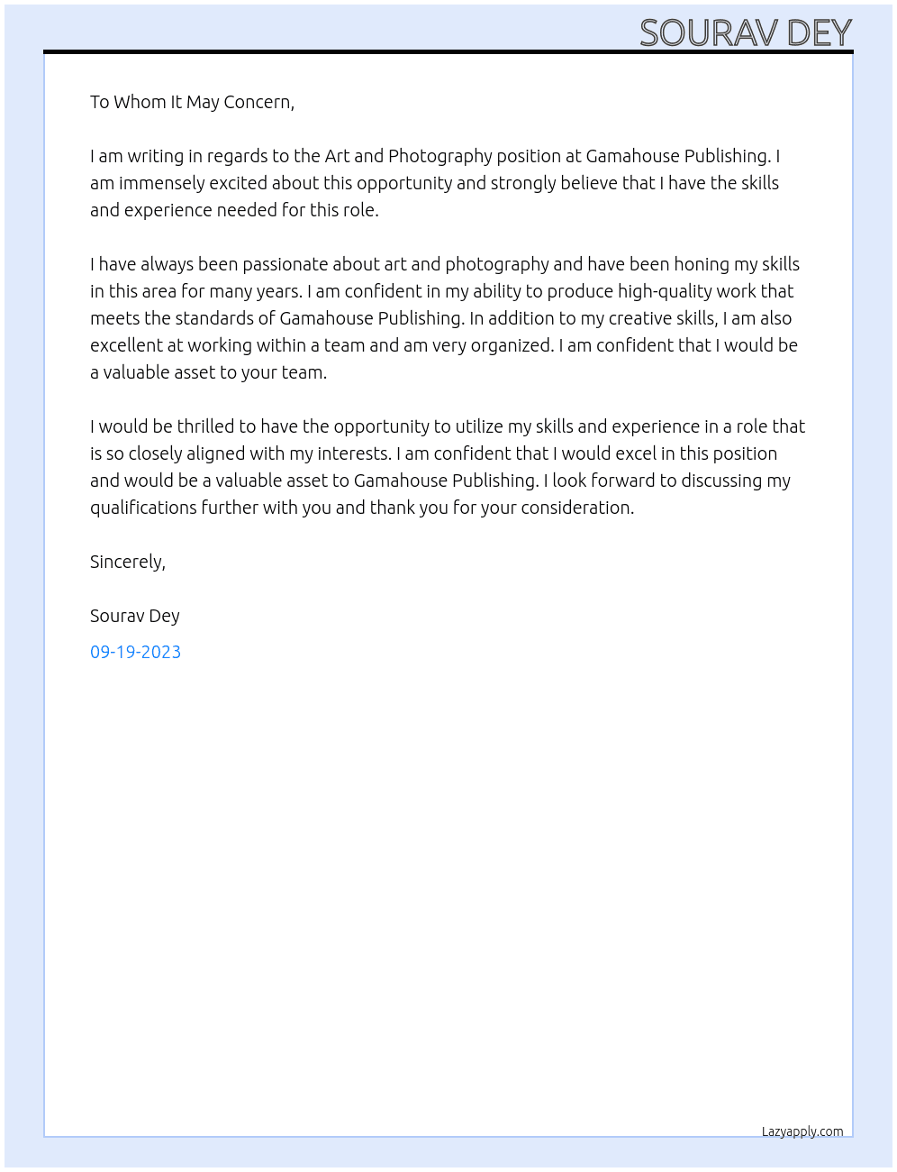 art and photography  At gamahouse publishing Cover Letter