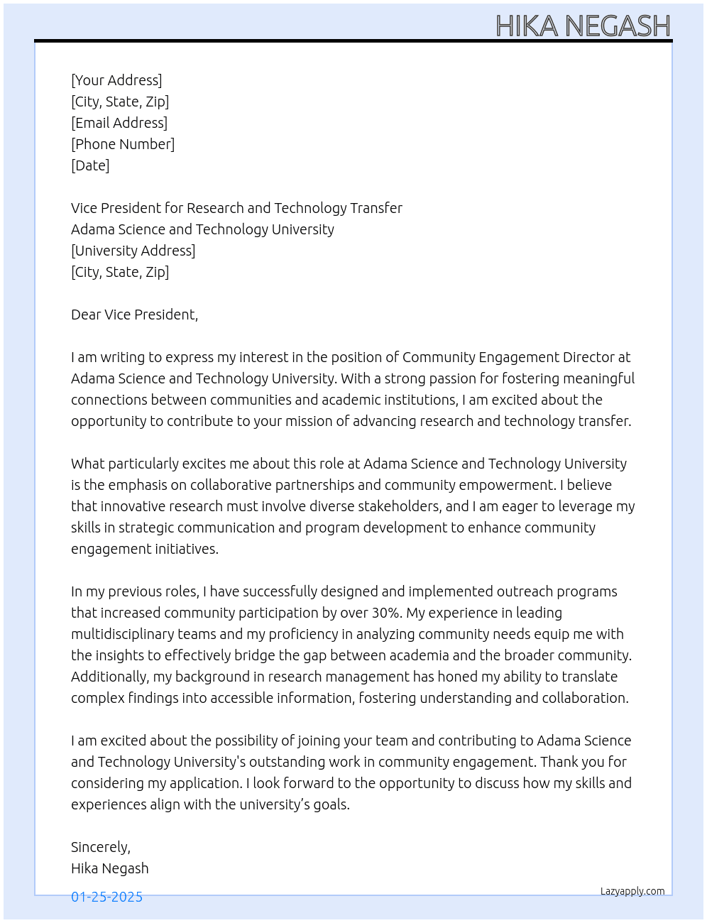 Director of the community Engagement Director At Adama Science and Technology University Cover Letter