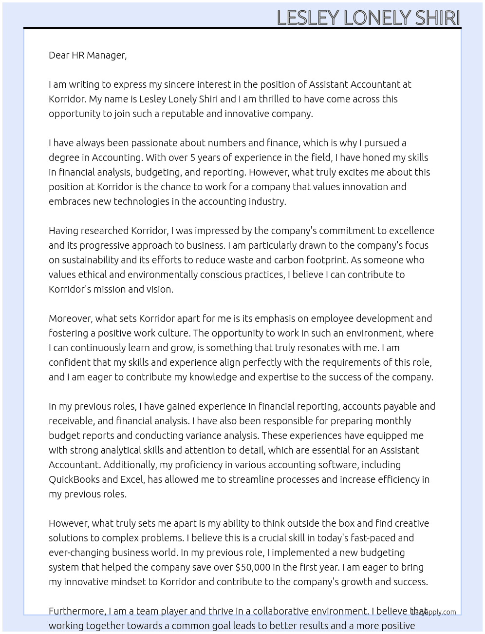 assistant accountant At korridor Cover Letter