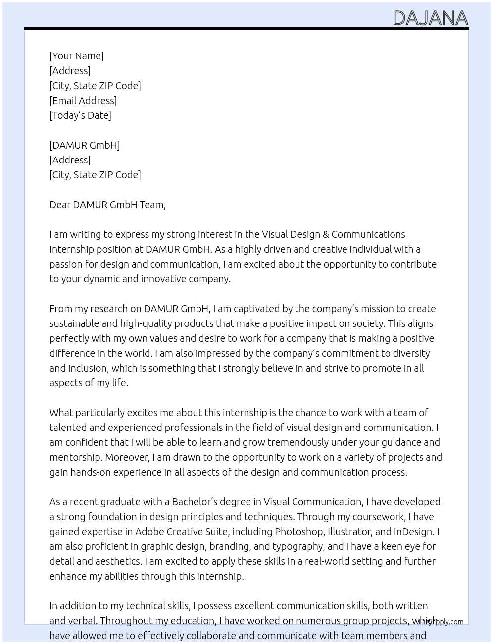 Visual Design & Communications Internship At DAMUR GmbH Cover Letter