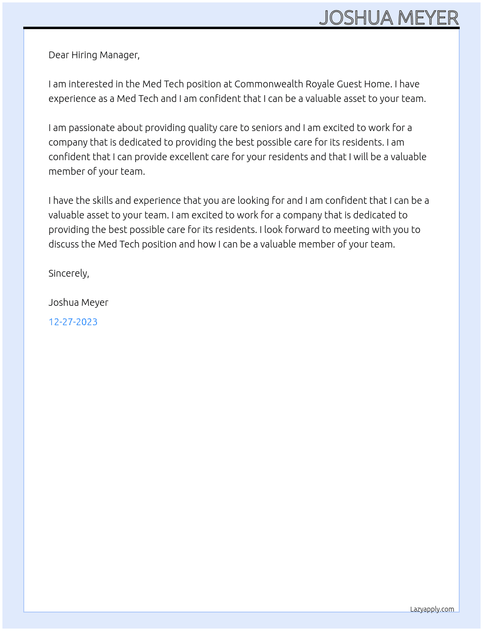 Med Tech At Commonwealth Royale Guest Home Cover Letter