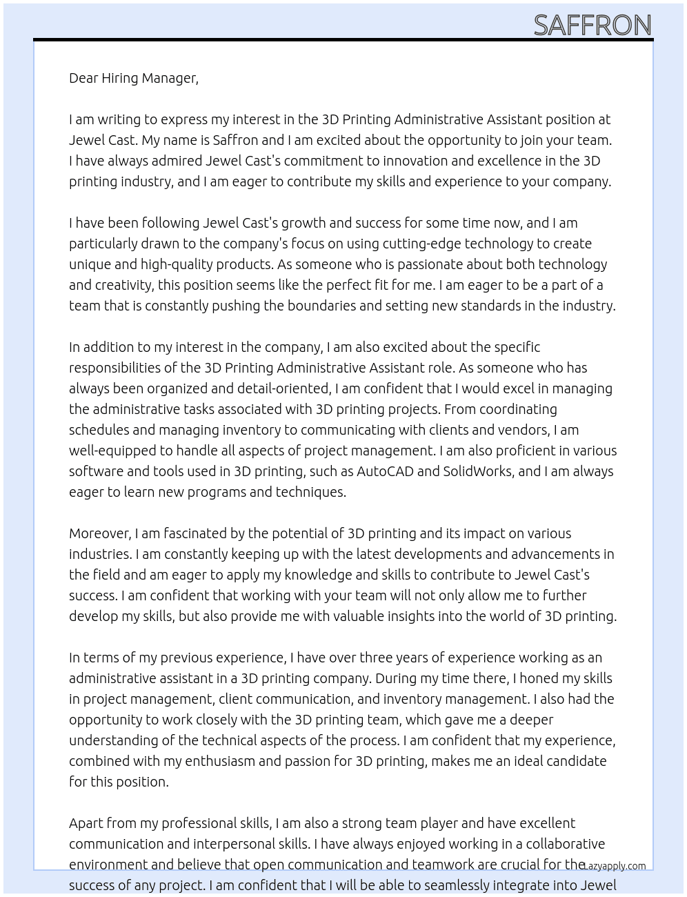 3D Printing Administrative Assistant At Jewel Cast Cover Letter