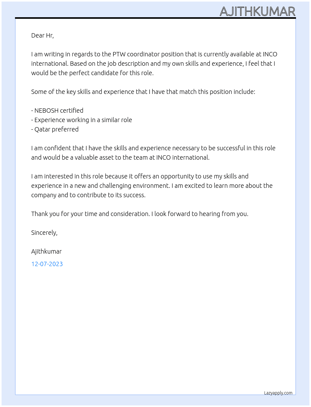 PTW coordinator At INCO international Cover Letter