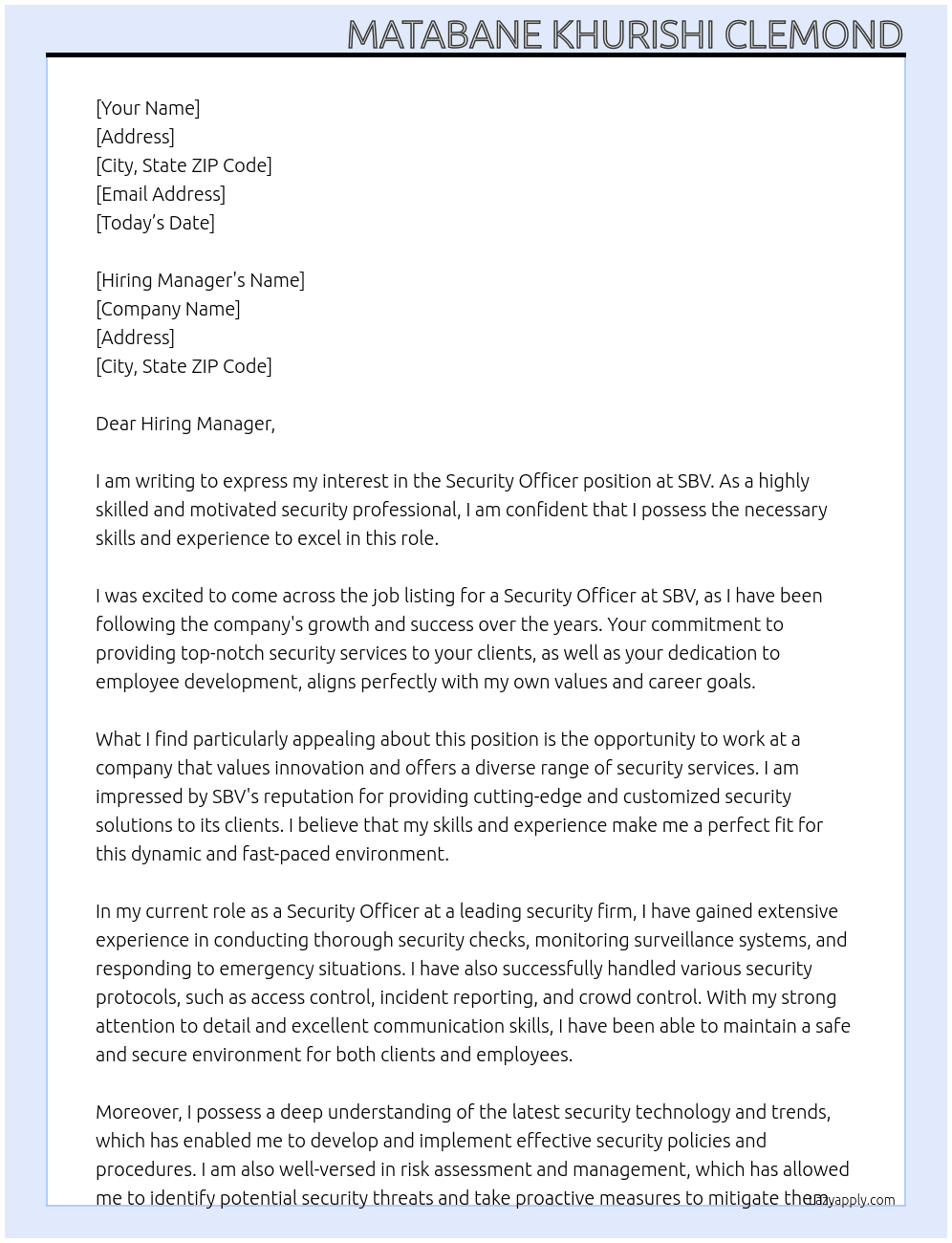 Security Officer At SBV Cover Letter