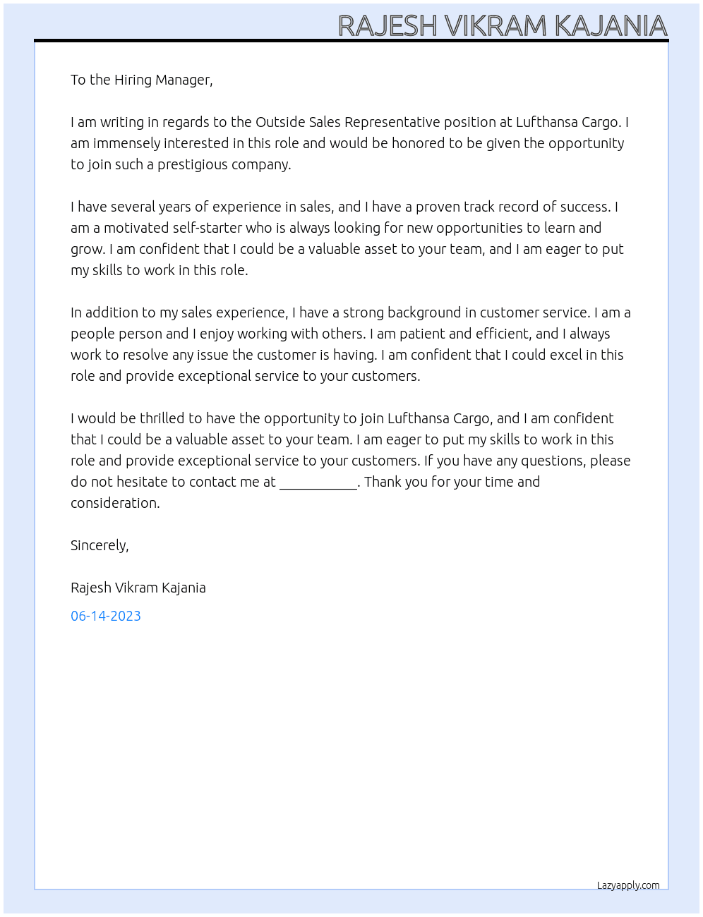 Outside Sales Representative At Lufthansa Cargo Cover Letter