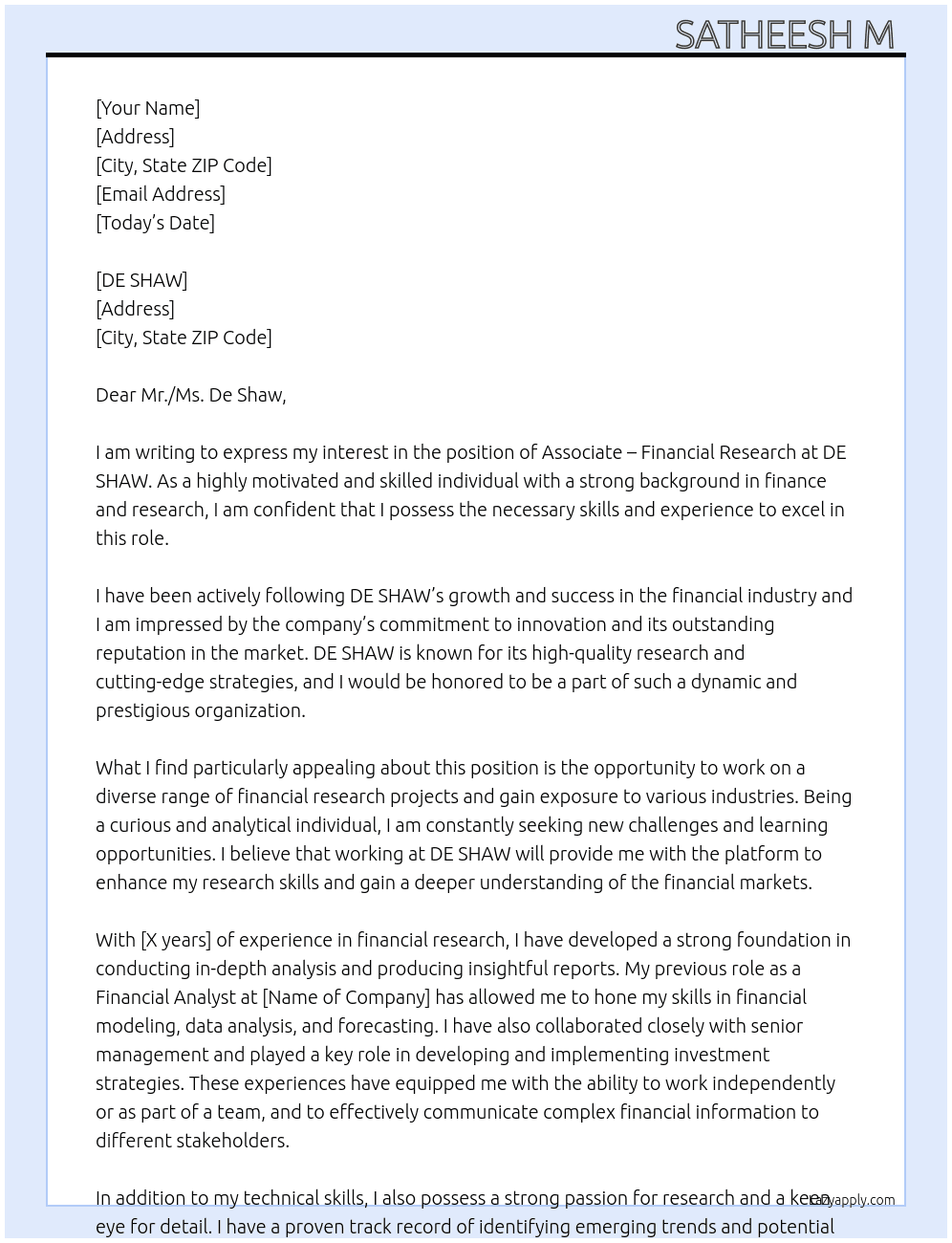 Associate - Financial Research At DE SHAW Cover Letter