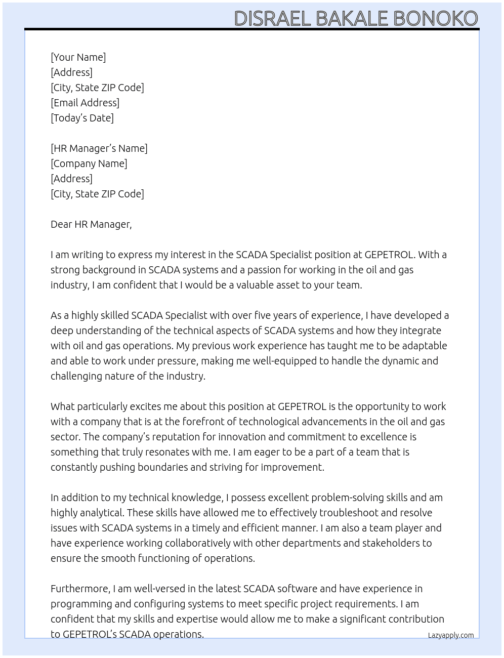 SCADA Specialist At GEPETROL Cover Letter