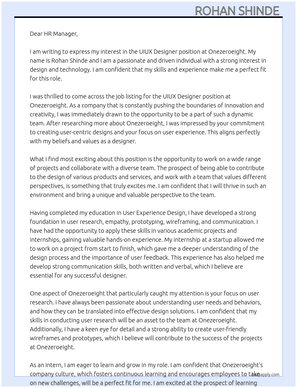 UIUX designer  At Onezeroeight Cover Letter