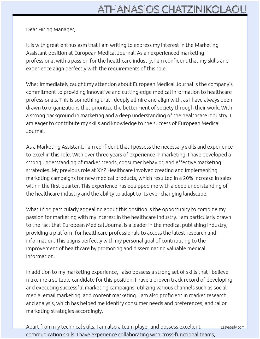 Marketing Assistant At European Medical Journal Cover Letter