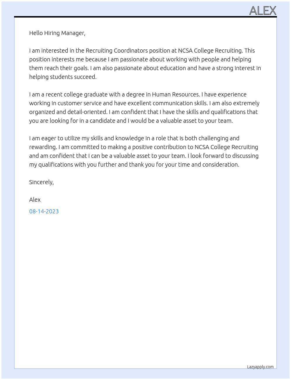 Recruiting Coordinators At NCSA College Recruiting Cover Letter