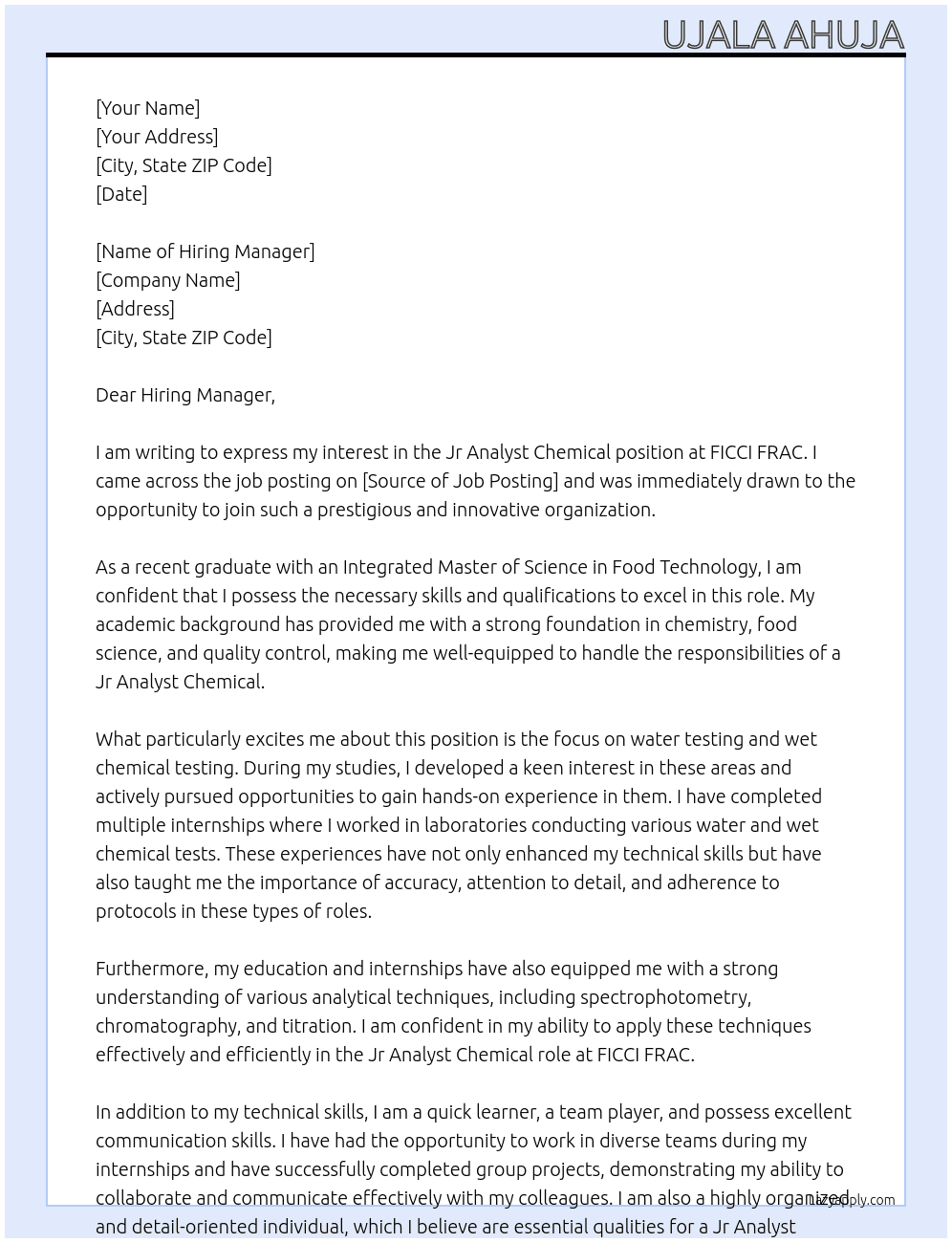 Jr Analyst Chemical  At FICCI FRAC Cover Letter