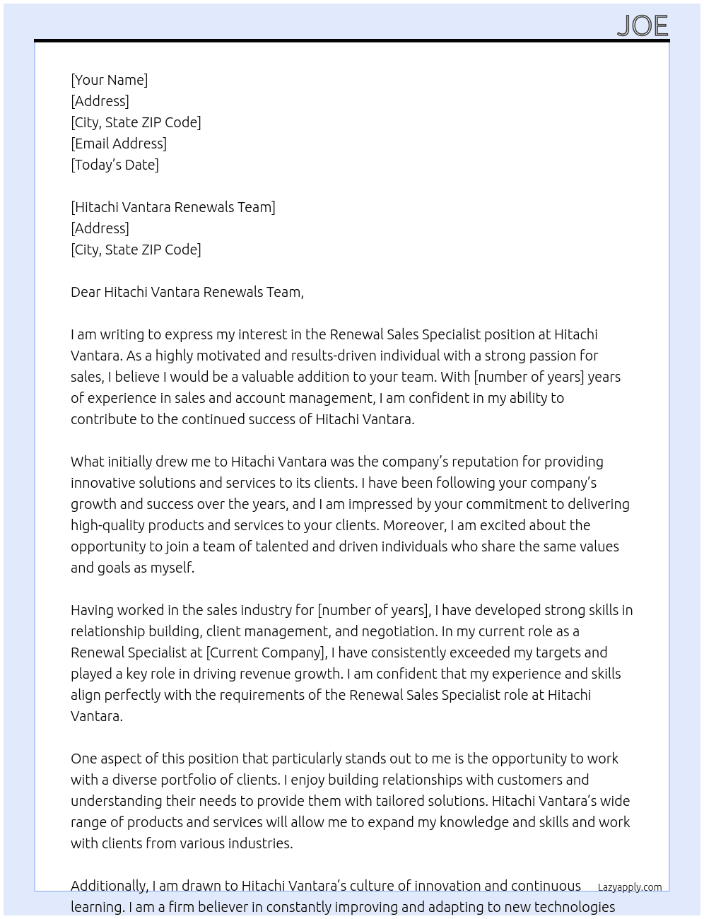 Renewal Sales Specialist At Hitachi Vantara Cover Letter