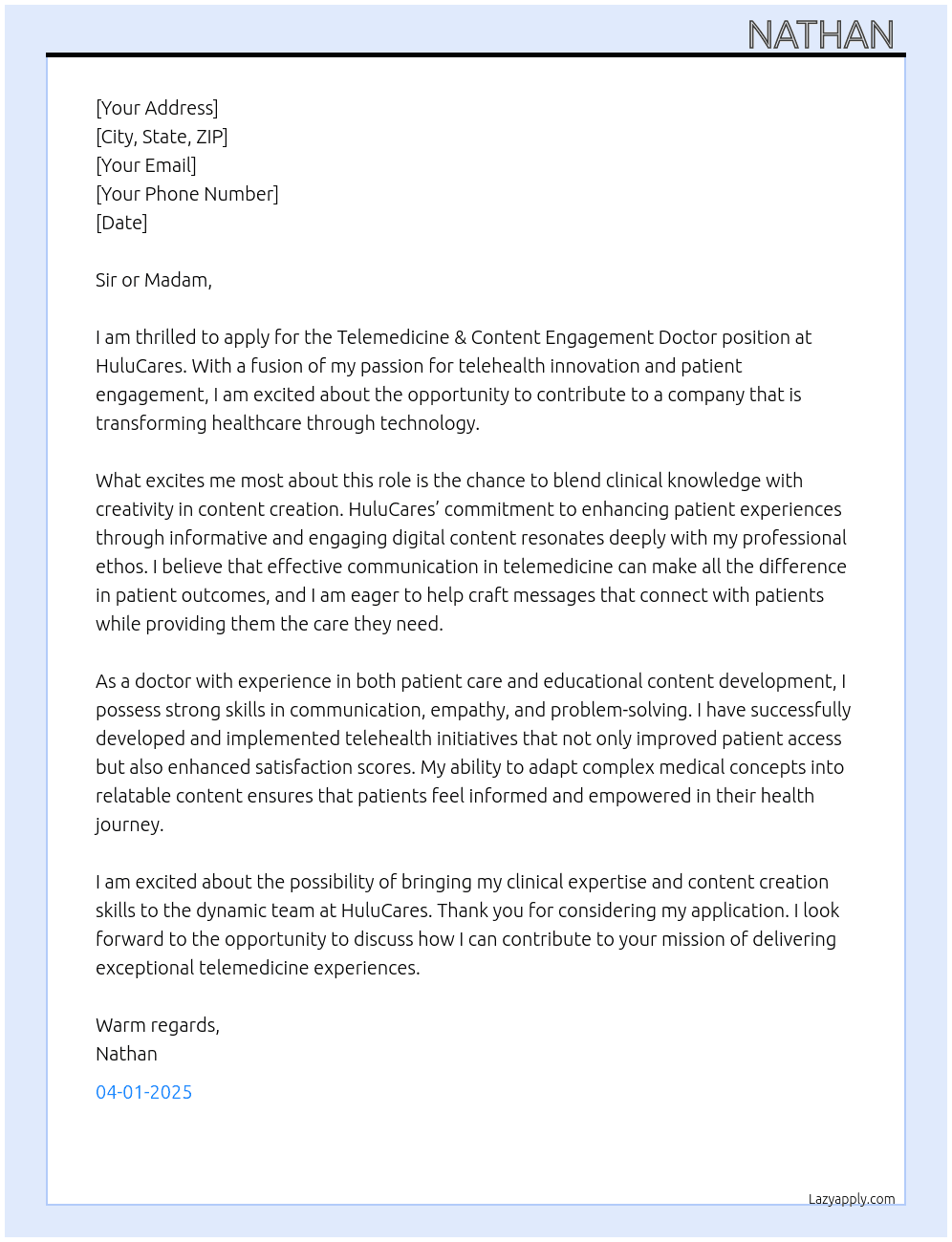 Telemedicine & Content Engagement Doctor At HuluCares Cover Letter