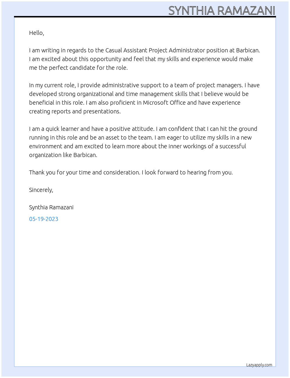 Casual Assistant project administrator  At barbican Cover Letter