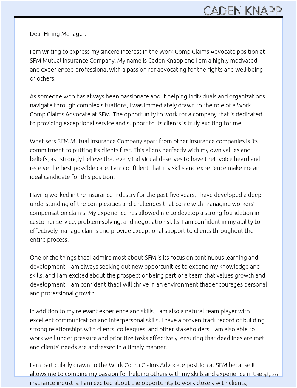 Work Comp Claims Advocate At SFM Mutual Insurance Company Cover Letter