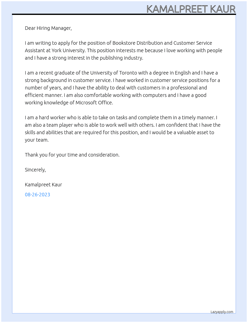 Bookstore Distribution and Customer Service Assistant At York University Cover Letter