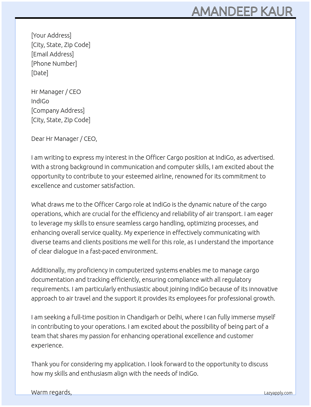 Officer cargo  At IndiGo  Cover Letter