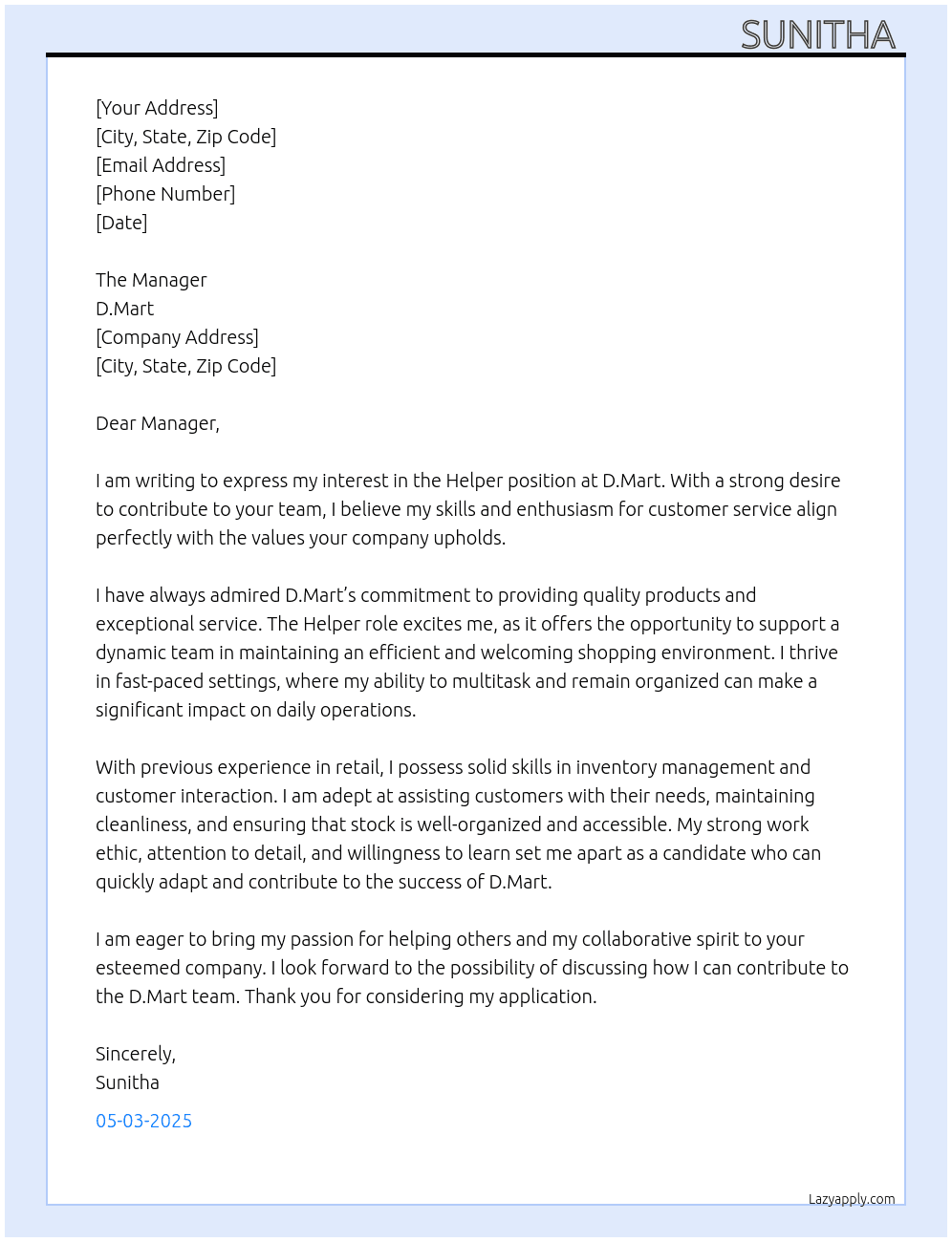 Helper At D.mart Cover Letter