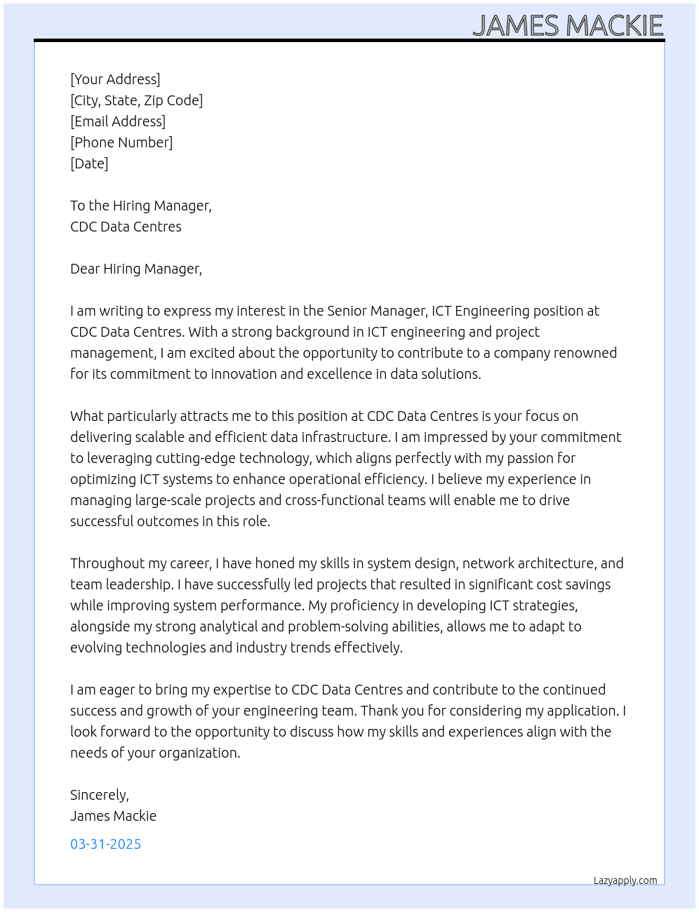 Senior Manager, ICT Engineering At CDC Data Centres Cover Letter