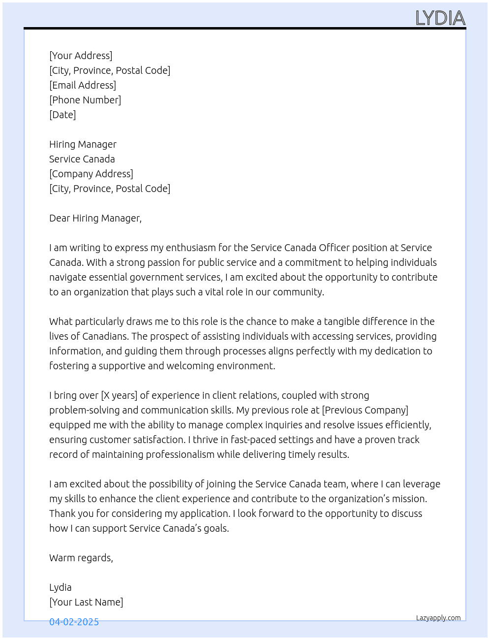 Service Canada officer At Service Canada Cover Letter