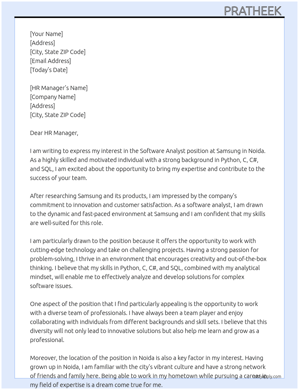 Software analyst  At Samsung  Cover Letter