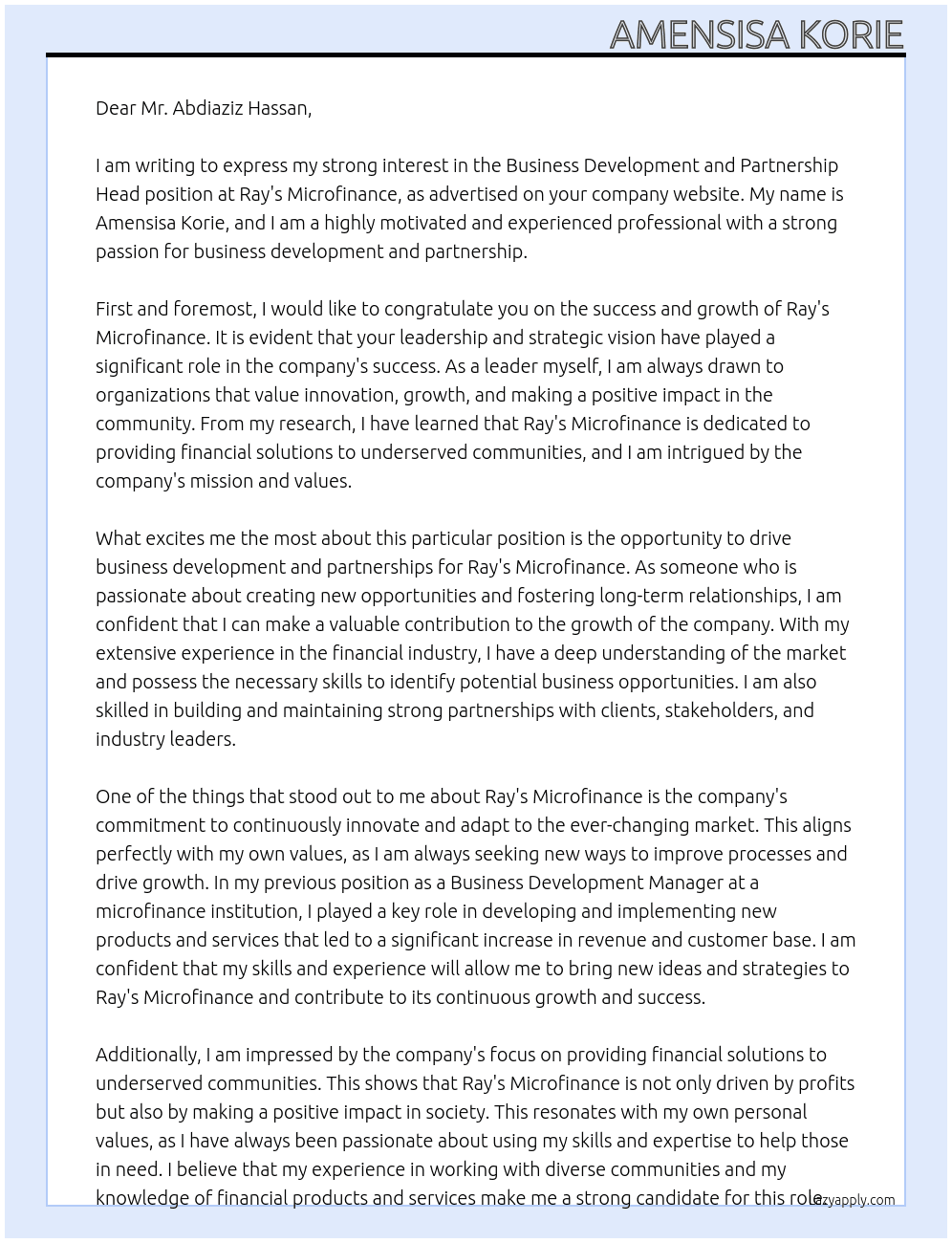 Business development and partnership Head At Ray's Microfinance Cover Letter