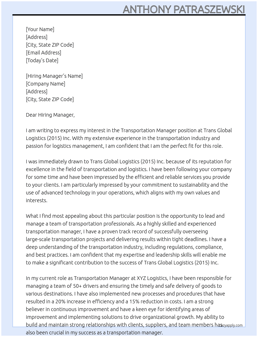 Transportation Manager At Trans Global Logistics (2015) Inc. Cover Letter