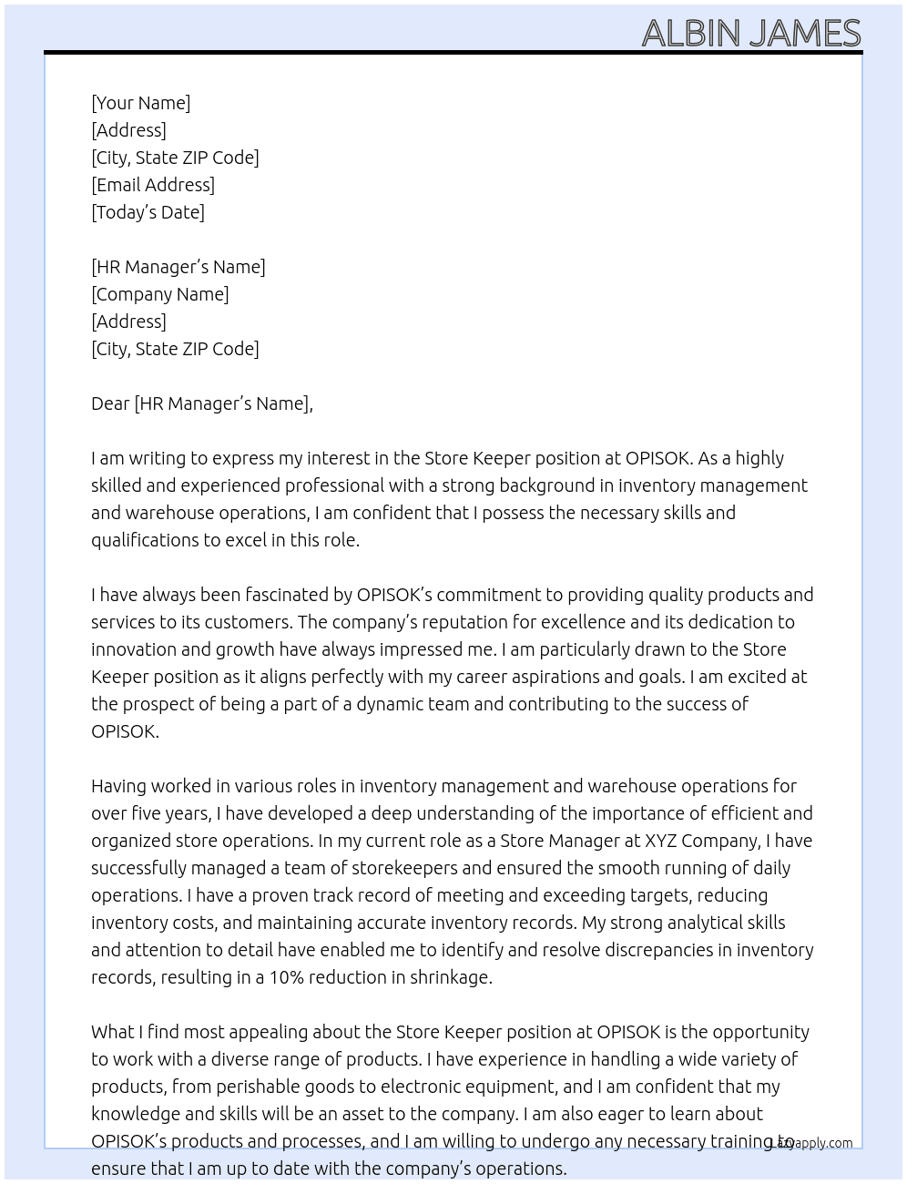Store keeper At OPISOK Cover Letter