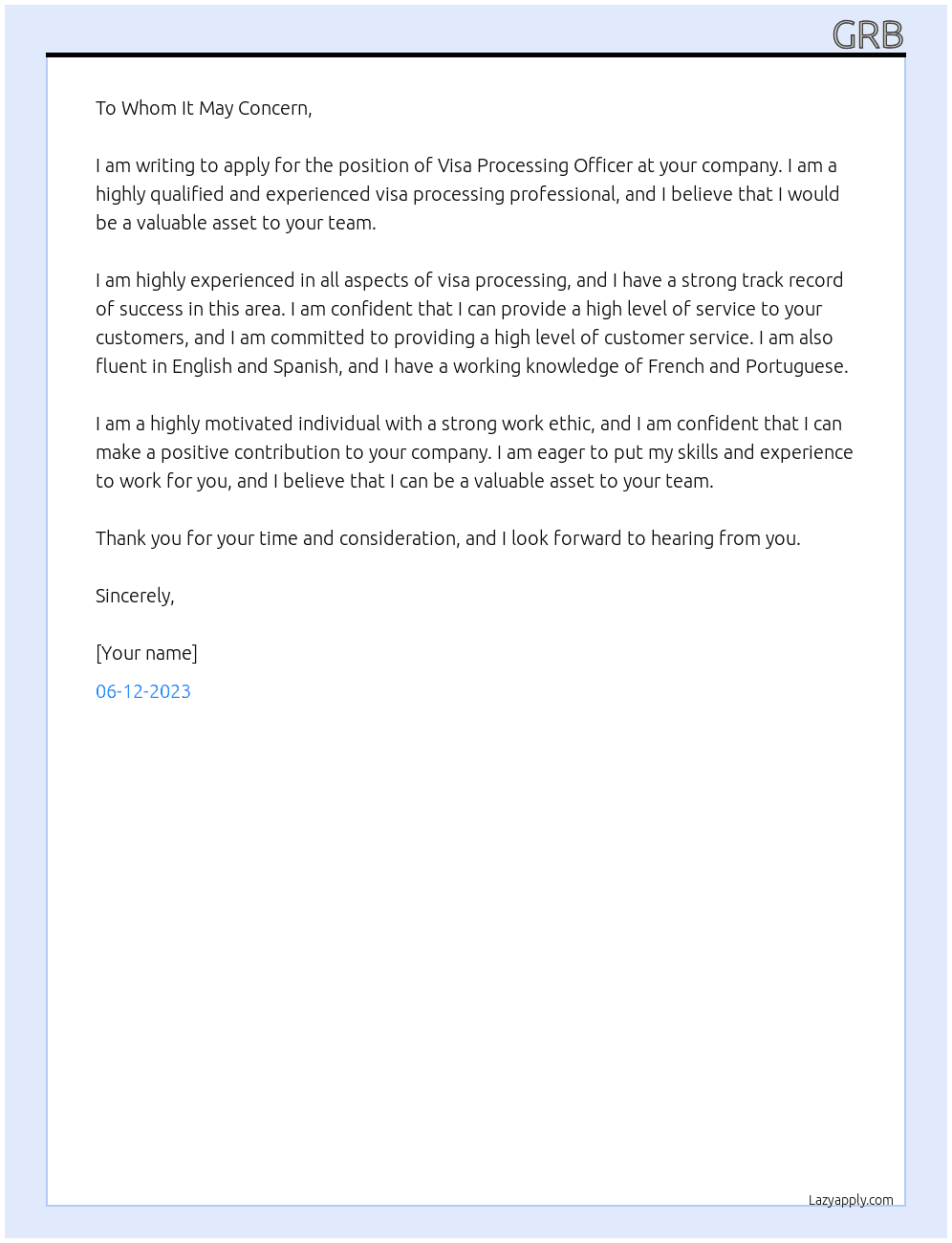 Visa Processing Officer At ddd Cover Letter