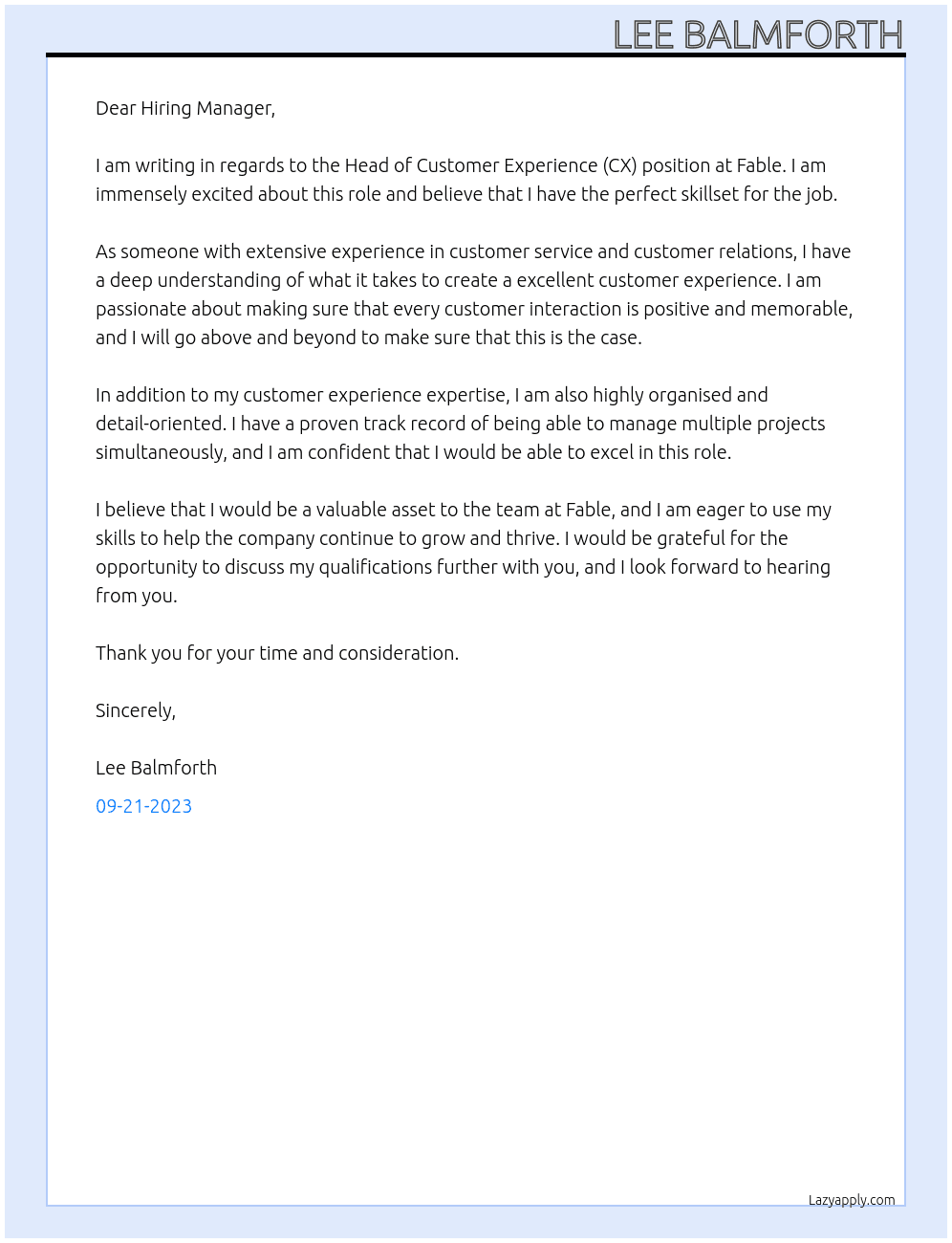 Head of Customer Experience (CX) At Fable Cover Letter