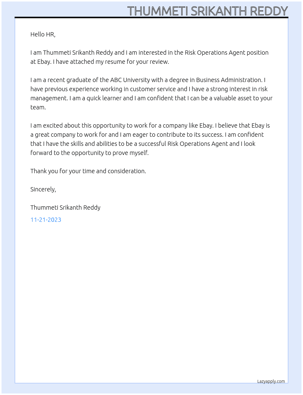 Risk Operations Agent At Ebay Cover Letter