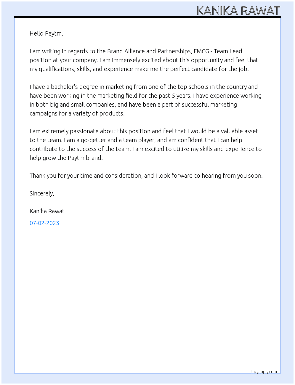 Brand Alliance and Partnerships, FMCG - Team Lead At nucleus software Cover Letter