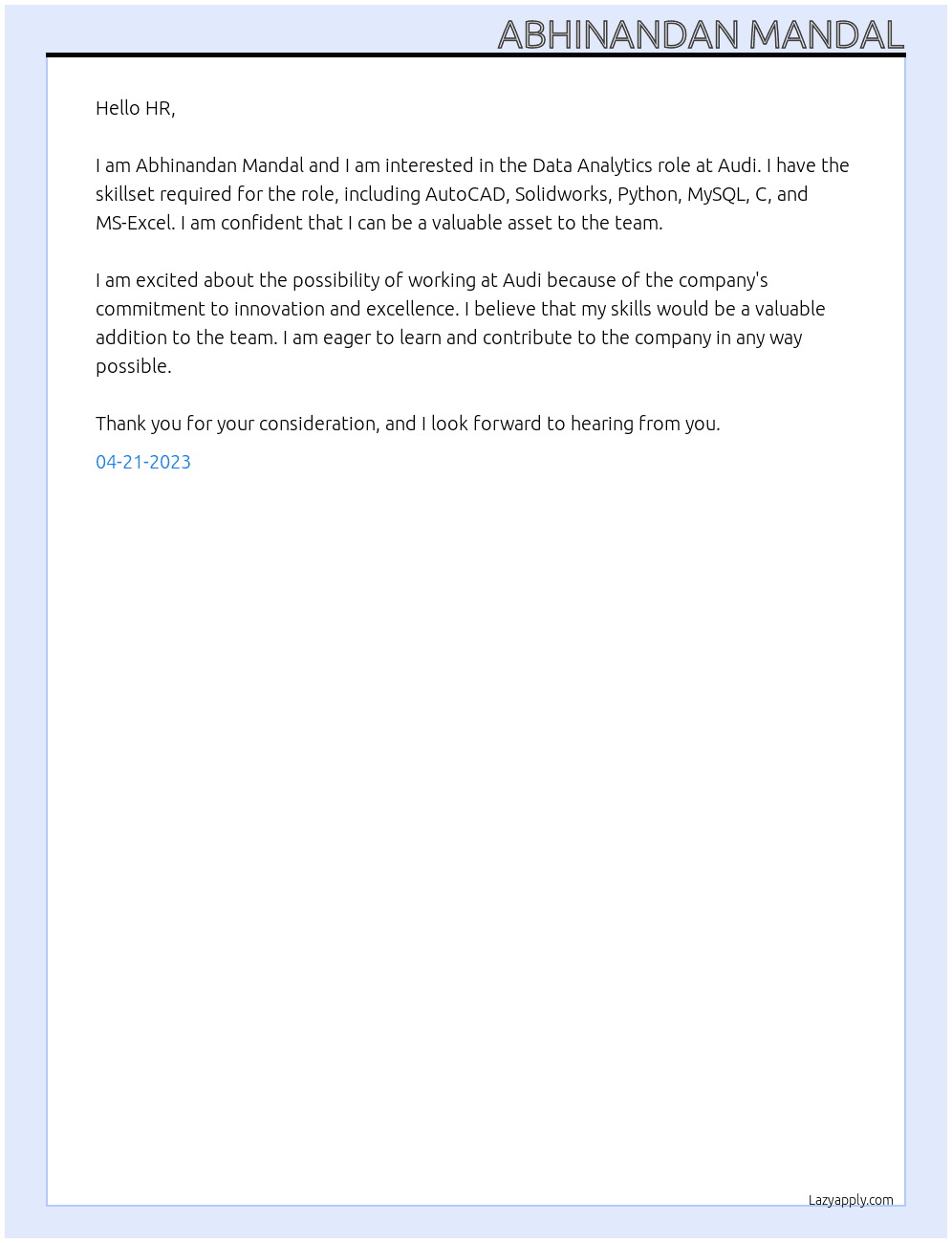 Data Analytics  At Audi Cover Letter