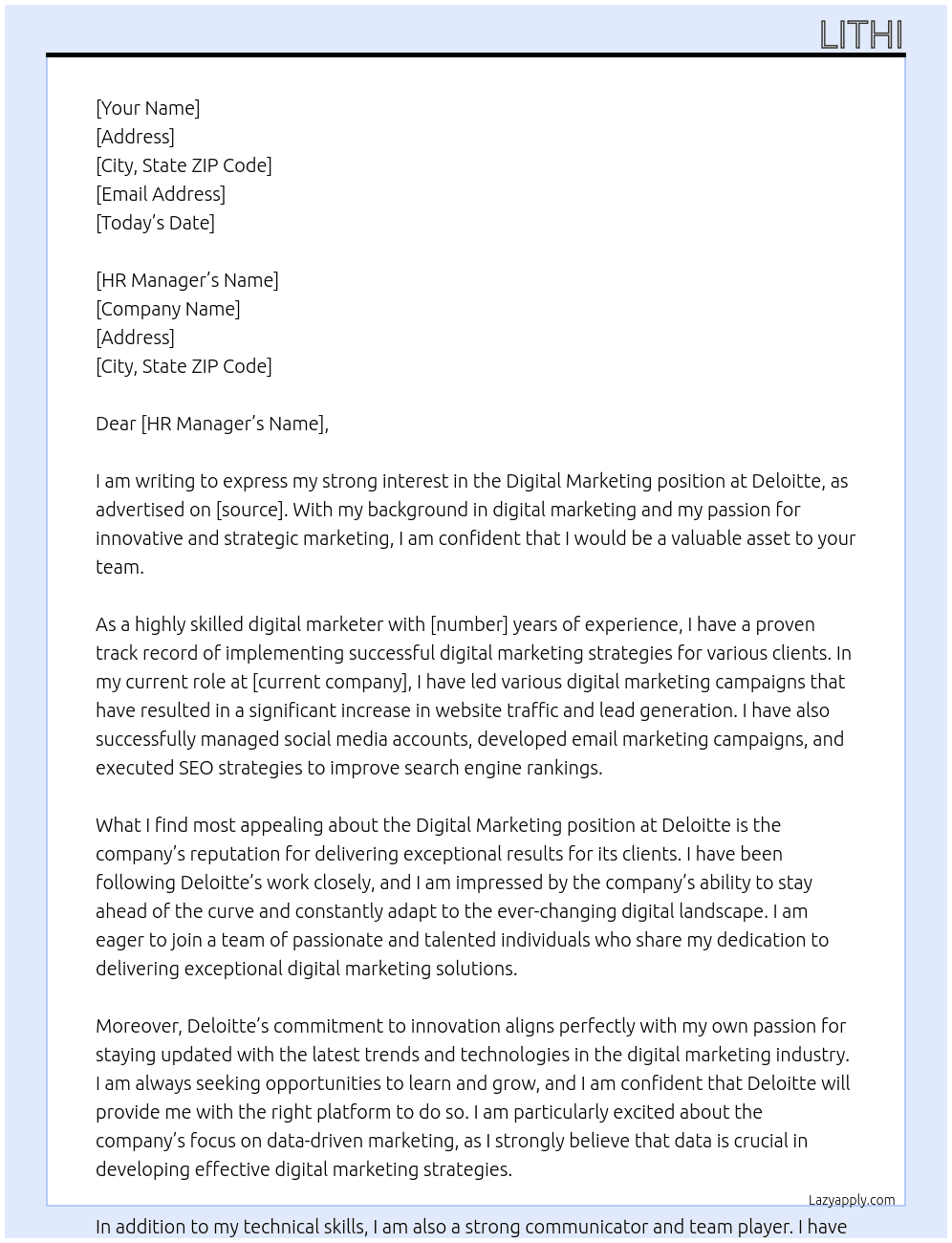 Digital Marketing At Deloitte Cover Letter