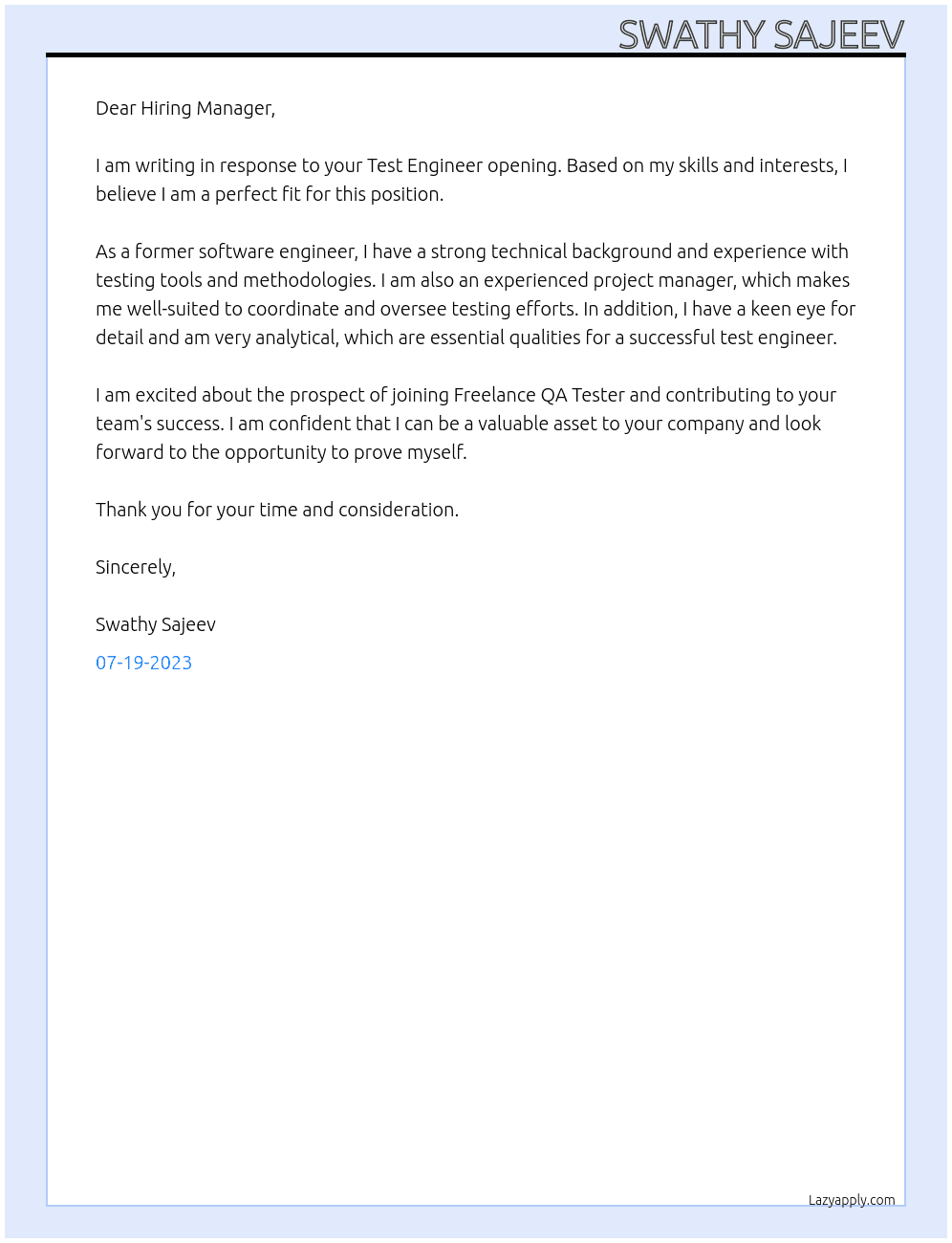 Test Engineer At Freelance QA Tester Cover Letter