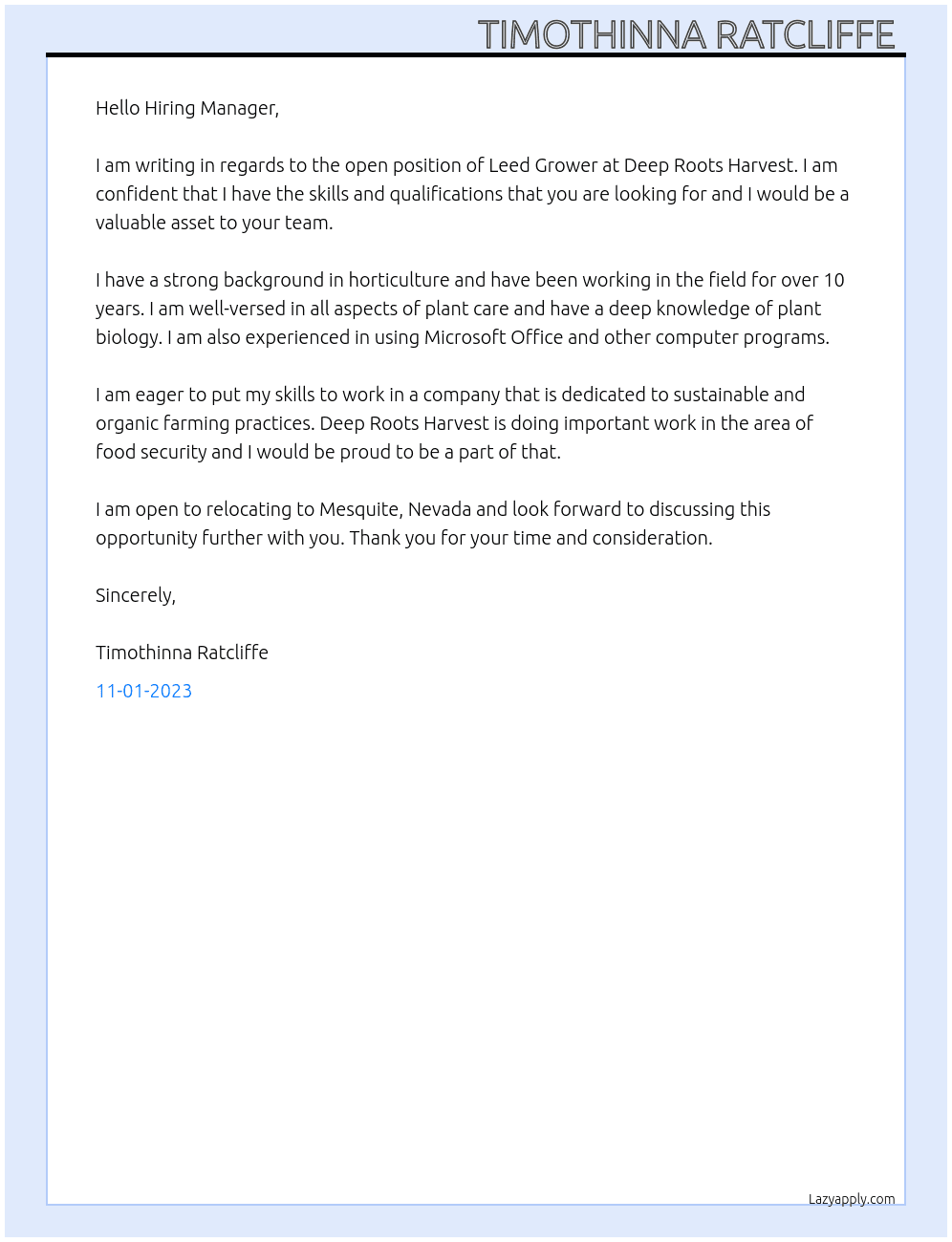 Leed Grower At Deep Roots Harvest  Cover Letter