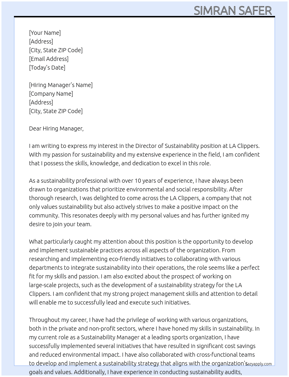 Director of Sustainability  At LA Clippers  Cover Letter