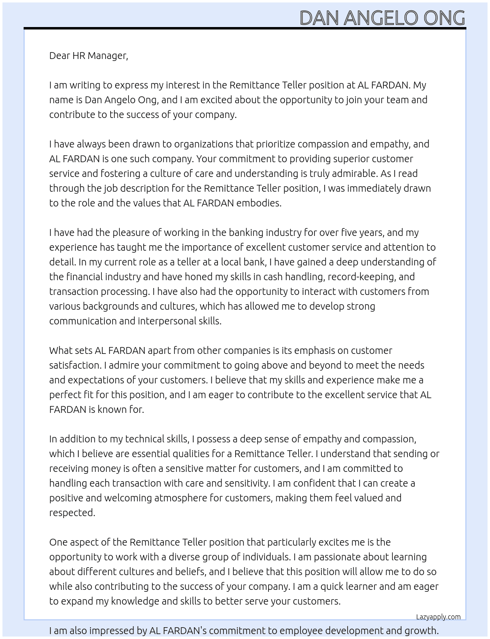 Remittance Teller At AL FARDAN Cover Letter